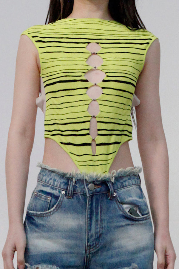 RUI Stripe Panel Mesh Bodysuit RSS23KN09 Wasabi Mustard